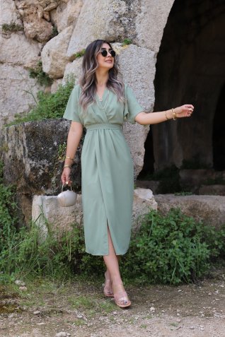 Yeşil Kuşak Detay Kruvaze Elbise