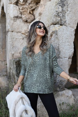 Yeşil Leopar Yarasa Model Yumoş Bluz