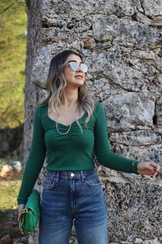 Yeşil Önü Büzgü Detay Fitilli Bluz