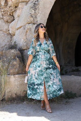 Yeşil Püskürtme Yarasa Kol Yırtmaç Detay Elbise