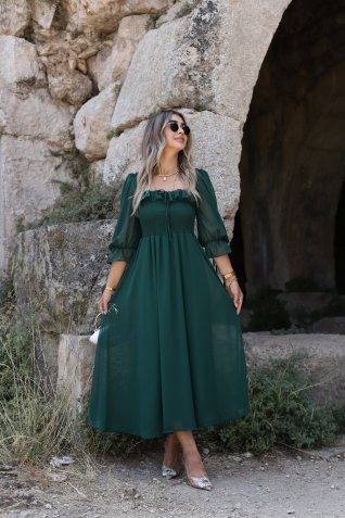 Zümrüt Madonna Yaka Şifon Elbise
