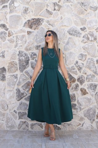 Zümrüt Yeşili Halter Yaka Kemerli Kloş Elbise