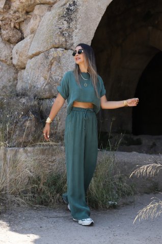 Zümrüt Yeşili Kısa Kol Bluz Pantolon Takım