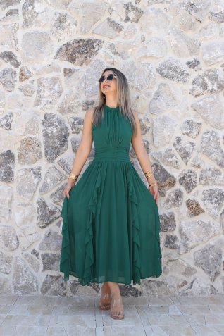 Zümrüt Yeşili Önü Büzgülü Fırfırlı Şifon Elbise